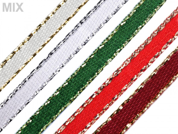 Atlasová stuha oboulící s lurexovým okrajem šíře 3 mm vánoční